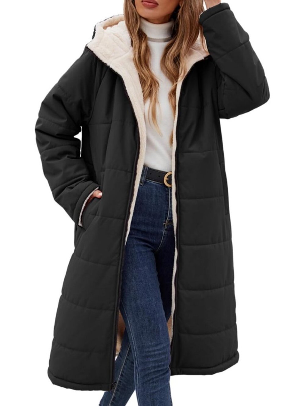 Reversible Long Winter Puffer Coat with Hood & Fleece Lining for Women
